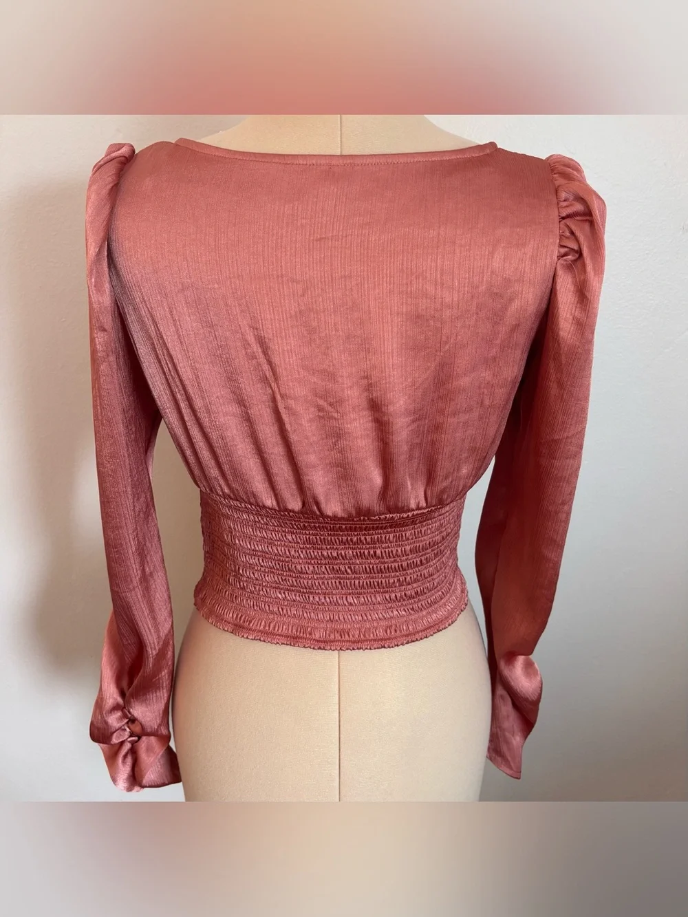 Free People Santiago Cropped Smocked Blouse in Pink Cinnamon, Long Sleeve, S